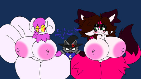 2_tails anthro areola arm_tuft bedroom_eyes big_areola big_breasts blush breasts chest_tuft facial_tuft female fur genitals group hair huge_breasts huge_thighs hyper hyper_breasts hyper_thighs imminent_fart leg_tuft male male/female multi_tail narrowed_eyes neck_tuft nipples non-mammal_nipples nude pink_body pink_fur pokemorph seductive shoulder_tuft size_difference tail thick_thighs thigh_tuft trio tuft vulva white_body white_fur wide_hips lord_shad nintendo pokemon shad_(lord_shad) canid canine canis generation_6_pokemon mammal meowstic pokemon_(species) procyonid raccoon wolf 16:9 alpha_channel hi_res widescreen