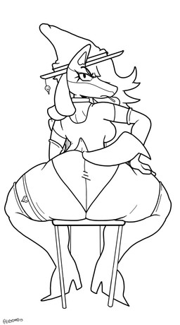 anthro armwear back_boob big_butt boots breasts butt butt_focus chair cigarette cigarette_in_mouth clothed clothing elbow_gloves eyelashes female footwear frown furniture gloves hair hair_over_eye hand_on_leg hand_on_thigh handwear hat headgear headwear high_heeled_boots high_heels legband legwear looking_at_viewer looking_back looking_back_at_viewer object_in_mouth on_chair panties pantsless pokemorph rear_view shirt shoes simple_background sitting sitting_backwards sitting_on_chair skull_accessory solo tail thick_thighs thigh_boots thigh_highs thighband topwear underwear white_background witch_costume witch_hat existimatio nintendo pokemon fan_character lexie_blake_(innocentenough) canid canine generation_4_pokemon lucario mammal pokemon_(species) 2020 absurd_res black_and_white digital_media_(artwork) full-length_portrait hi_res monochrome portrait signature