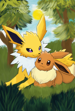:3 ambiguous_gender cloud duo feral light lying plant sunlight tree literallyeevee nintendo pokemon eevee eeveelution generation_1_pokemon jolteon pokemon_(species)