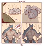 abs anthro armwear barazoku biceps bovid canid canine canis caprine clothed clothing comic comic_panel digital_media_(artwork) facial_scar fur group hi_res male mammal muscular muscular_anthro muscular_male pecs plant scar sheep shrub simple_background solo_focus surprised_expression tail tail_motion tailwag underwear underwear_only wolf wolfanine