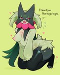 absurd_res anthro areola blush body_blush breasts clothing cute_fangs dialogue female fredek666 generation_9_pokemon green_body heart_symbol hi_res legwear meowscarada nintendo nipples paws pokemon pokemon_(species) red_eyes simple_background solo text thick_thighs thigh_highs tongue