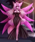 ahoge anthro black_clothing black_dress blue_eyes breasts clothed clothing dress evening_gown eyelashes female fingers footwear fur hair high_heels inside long_hair nails pink_body pink_fur pink_hair pink_wings shoes slit_dress smile solo sparkles standing wings adorableinall mariah_veiethe canid canine canis mammal wolf 2020 digital_media_(artwork)