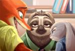 annoyed anthro being_watched brown_eyes clothed clothing detailed_background female fur green_eyes group half-closed_eyes inside long_ears looking_at_another male narrowed_eyes necktie open_mouth purple_eyes shirt smile topwear ailu_h0 disney zootopia flash_slothmore judy_hopps nick_wilde canid canine fox lagomorph leporid mammal pilosan rabbit red_fox sloth three-toed_sloth true_fox xenarthran 2017 2018