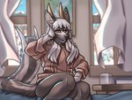 anthro bed bottomwear clothed clothing ear_piercing eyebrows eyelashes female flesh_tunnel furniture gauged_ear hair horn inner_ear_fluff inside pants piercing sitting solo sweater topwear tuft window faint wyla the_crown_of_leaves sahash 2021 4:3 artist_collaboration digital_media_(artwork) shaded