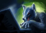 2003 anthro blue_body blue_fur canid canine canis claws computer electronics fur laptop male mammal nerevar open_mouth red_eyes solo tongue wolf