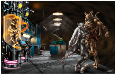 anthro balls bdsm bondage border bound chain clothing coat computer containment_tube cuff_(restraint) dildo electronics erection genitals group humanoid_genitalia humanoid_penis lab_coat laboratory male male/male penis red_eyes restraints science science_fiction sex_toy shackles stasis_chamber tail topwear tube white_border unknown_artist kangaroo macropod mammal marsupial murid murine rat rodent 2005