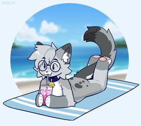anthro beach bell bell_collar blue_collar blue_eyes collar dipstick_ears dipstick_fingers dipstick_tail dipstick_toes drinking drinking_straw ear_markings eyewear femboy food fur glasses gold_bell grey_body hair lying lying_on_ground male markings multicolored_ears nude nude_anthro nude_male on_ground outside pawpads sand sea seaside smile solo spots spotted_markings summer tail tail_markings teeth tongue tongue_out towel tropical_drink tuft water wave fleurfurr nixuelle domestic_cat egyptian_mau felid feline felis mammal 2025 digital_media_(artwork)