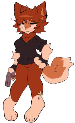 anthro clothing cross ear_piercing ear_ring female fingerless_gloves fluffy gloves gun hair handwear piercing question_mark ranged_weapon red_hair ring_piercing solo weapon white_eyes sodagf pico_(series) cassandra_(pico) canid canine fox mammal