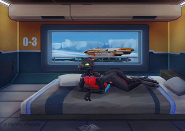 anthro black_body black_skin butt digitigrade feet fingers genitals horn machine male nude penis red_body solo tail toes hofi-peak android robot synth_(vader-san) 2023 absurd_res digital_drawing_(artwork) digital_media_(artwork) hi_res shaded signature watermark