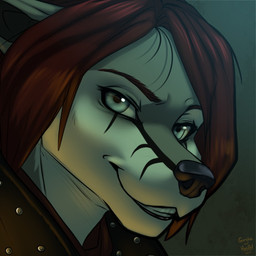 anthro clothed clothing female grin hair half-closed_eyes looking_at_viewer narrowed_eyes red_hair simple_background smile solo teeth gorsha_pendragon hastogs fallout microsoft katinka_vexoria tunnel_snakes_(fallout) canid canine canis mammal wolf 1:1 2015 digital_media_(artwork) headshot_portrait hi_res icon portrait shaded watermark
