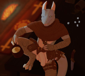 accessory alcohol anthro arm_wraps balls belt belt_pouch beverage blue_eyes bottle bottomwear clothed clothing clothing_lift container cup d6 dice digitigrade flaccid foreskin furgonomics furniture genitals holding_container holding_cup holding_mug holding_object hood horn humanoid_genitalia humanoid_penis inside knife leg_belt leg_wraps loincloth loincloth_lift male mug non-mammal_balls non-mammal_foreskin on_table open_mouth penis presenting presenting_penis pupils raised_leg raised_loincloth sitting slit_pupils solo spread_legs spreading table tail tail_accessory tail_belt teeth tongue unretracted_foreskin wraps gariyuu_(artist) hemlock_kobold kobold reptile scalie hi_res