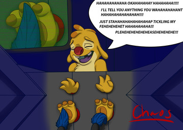 3_toes 4_fingers antennae_(anatomy) bdsm bondage bound brown_pawpads buckteeth chest_tuft claws dialogue dipstick_antennae electronics eyebrows eyes_closed feet fingers fur interrogation laugh male monitor multicolored_antennae pawpads purple_tongue raised_inner_eyebrows red_nose solo speech_bubble submissive submissive_male teeth text tickling toe_claws toes tongue tuft yellow_body yellow_fur chaos99 disney lilo_and_stitch reuben_(lilo_and_stitch) alien experiment_(lilo_and_stitch) 2015 digital_media_(artwork) english_text signature