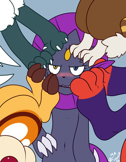 ambiguous_gender annoyed anthro blush claws feet foot_fetish grey_body group heterochromia hooves paws toe_claws mr_fuwa nintendo pokemon ampharos cinderace felid feline generation_2_pokemon generation_4_pokemon generation_5_pokemon generation_7_pokemon generation_8_pokemon herpestid lagomorph legendary_pokemon mammal meerkat pokemon_(species) watchog weavile zeraora absurd_res hi_res