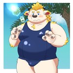 anthro belly blonde_hair blush bulge clothing fur hair horn male moobs one-piece_swimsuit overweight overweight_male palm_tree plant school_swimsuit solo swimwear tree white_body white_fur young young_anthro yaki_atsuage lifewonders tokyo_afterschool_summoners babe_bunyan_(tas) bovid bovine cattle mammal 1:1 hi_res