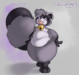anthro arm_tuft bell bell_collar belly big_tail black_body black_face black_feet black_fur black_hands black_inner_ear black_nose black_tail black_tail_tip chest_tuft collar dipstick_tail feet fur gold_bell grey_arms grey_body grey_fur grey_hair grey_tail grey_thighs hair looking_at_viewer male male_anthro markings overweight overweight_male pink_tongue purple_collar purple_sclera shadow shortstack shortstack_anthro shortstack_male shoulder_tuft simple_background slightly_chubby slightly_chubby_anthro slightly_chubby_male solo standing tail tail_markings thick_thighs tongue tongue_out tuft white_belly white_body white_chest white_ears white_eyes white_fur serven mammal procyonid raccoon absurd_res digital_drawing_(artwork) digital_media_(artwork) hi_res shaded signature