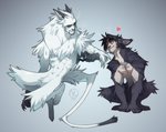 5_fingers anthro claws duo eye_contact facial_hair fingers fur gradient_background hair heart_symbol long_tail looking_at_another male nude pawpads paws simple_background smile stripes tail white_body white_fur maaty-s unknown_species digital_media_(artwork) signature