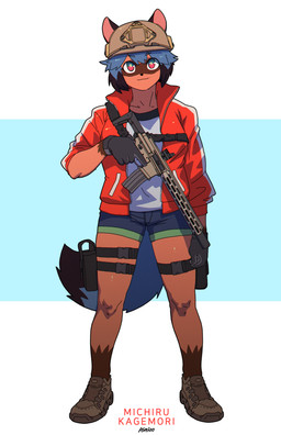 anthro black_body black_fur black_hair blue_body blue_eyes blue_hair bottomwear brown_body brown_fur clothed clothing female fluffy fluffy_tail footwear fur gloves hair handwear hat headgear headwear holding_object holding_weapon holster jacket looking_at_viewer multicolored_body multicolored_eyes multicolored_fur multicolored_hair pink_eyes shirt shoes short_hair shorts solo tail topwear trigger_discipline weapon pgm300 brand_new_animal studio_trigger michiru_kagemori canid canine mammal raccoon_dog tanuki 2020 absurd_res digital_media_(artwork) hi_res shaded