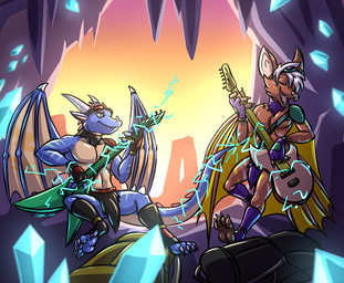 anthro bottomwear cave clothed clothing duo electric_guitar eyes_closed eyewear eyewear_on_head feet fingers footwear goggles goggles_on_head guitar hair horn loincloth male membrane_(anatomy) membranous_wings musical_instrument open_mouth pecs playing_guitar playing_music plucked_string_instrument sitting smile string_instrument tail teeth toes topless topless_anthro topless_male wings bassybefuddle conditional_dnp mythology bat dragon mammal mythological_creature mythological_scalie scalie digital_media_(artwork) hi_res
