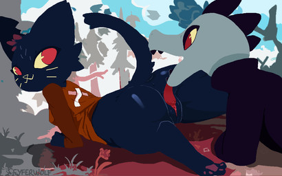 :3 ambiguous_gender anthro anus arched_back bottomless butt clothed clothing cunnilingus detailed_background duo eyelashes female female/ambiguous female/female forest genitals licking looking_back lying no_underwear on_front open_mouth oral pawpads paws plant presenting raised_tail rear_view red_eyes sex smile spread_legs spreading tail tongue tongue_out tree vaginal vulva yellow_sclera bunnybaphomet night_in_the_woods bea_santello mae_borowski alligator alligatorid crocodile crocodilian domestic_cat felid feline felis mammal reptile scalie 16:10 widescreen female_(lore)