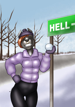 anthro biped black_bottomwear black_clothing black_nose black_pants bottomwear breasts brown_body brown_fur brown_hair clothing day eyebrows eyes_closed facial_piercing female front_view fur furgonomic_hat furgonomic_headwear furgonomics grin hair hand_on_hip hand_on_own_hip handwear jacket medium_breasts mittens nose_piercing nose_ring outside pants piercing plant ring_piercing short_hair smile snow snowball solo standing text topwear tree winter danaume canid canine canis domestic_dog mammal pit_bull 2026 english_text hi_res