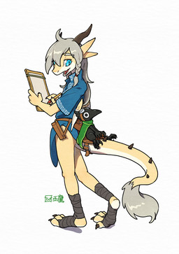 ambiguous_gender anthro beak biped black_body black_feathers blue_clothing blue_eyes blue_shirt blue_topwear bottomless cape claws clothed clothing duo fangs feathers feral finger_claws green_cape green_clothing grey_hair hair horn long_hair looking_at_another open_mouth saddle shirt simple_background sitting snout spiked_tail spikes spikes_(anatomy) standing tail tail_tuft tan_body teeth toe_claws tongue topwear tuft white_background hydrowing bai_ling mo_hui avian bird corvid corvus_(genus) dragonewt oscine passerine raven hi_res shaded signature male_(lore)