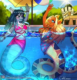 anthro apode ball beach_ball bikini blue_eyes bracelet breasts chair cleavage clothed clothing duo female forked_tongue furniture inflatable jewelry legless lounge_chair medium_breasts navel open_mouth open_smile outside partially_submerged pendant serpentine smile split_form swimming_pool swimwear tongue tongue_out two-piece_swimsuit umbrella caliluminos draconcopode hybrid lamia reptile scalie snake absurd_res hi_res