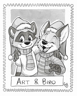 anthro christmas_clothing christmas_headwear closed_smile clothed clothing duo eyes_closed fangs front_view glistening glistening_eyes happy hat headgear headwear holidays laugh logo looking_at_viewer male mouth_closed open_mouth open_smile santa_hat scarf shirt smile t-shirt teeth tongue topwear young young_anthro young_male pandapaco christmas art_(pandapaco) biro_(pandapaco) bear canid canine fox giant_panda mammal artist_logo monochrome signature