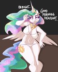 anthro bikini blue_hair blue_tail clothing crown cutie_mark dialogue eyebrows eyelashes female fingers green_hair green_tail hair half-closed_eyes headgear horn multicolored_hair multicolored_tail narrowed_eyes pink_eyes pink_hair pink_tail purple_hair purple_tail solo swimwear tail text tiara two-piece_swimsuit white_body wings flutterthrash friendship_is_magic hasbro my_little_pony mythology princess_celestia_(mlp) equid equine mammal mythological_creature mythological_equine winged_unicorn 2025 absurd_res english_text hi_res portrait three-quarter_portrait