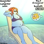 1:1 alphys anthro belly big_belly blue_body blue_scales blush bodily_fluids bra breasts chair clothing dinosaur duo eyewear female fish furniture hair hand_behind_head heart_symbol hi_res marine number offscreen_character ponytail prehistoric_species red_hair reptile scales scalie signature slightly_chubby stare sunglasses sweat text undertale_(series) underwear undyne weight_gain wenisberry