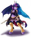 2016 absurd_res ambris anthro anthrofied antlers armor blue_body blue_feathers breasts chimera cleavage clothed clothing draconequus equid equine eyelashes feathered_wings feathers female friendship_is_magic grin hair hasbro heterochromia hi_res holding_melee_weapon holding_object holding_sword holding_weapon horn horse legwear long_hair mammal melee_weapon membrane_(anatomy) membranous_wings midriff mismatched_wings multicolored_hair my_little_pony pony purple_eyes red_eyes simple_background smile solo sword twilight_sparkle_(mlp) weapon white_background wings yellow_sclera