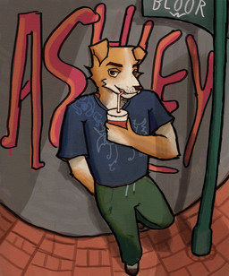 anthro boots bottomwear clothed clothed_anthro clothed_male clothing container cup drinking drinking_straw ears_down footwear graffiti graffiti_on_wall holding_container holding_cup holding_object leaning leaning_backward leaning_on_wall looking_at_viewer male pants pivoted_ears shirt shoes sign smile smiling_at_viewer solo street_sign teeth teeth_showing text text_on_clothing text_on_wall topwear reynard_goodfellow ashley_(reynard_goodfellow) canid canine canis domestic_dog mammal hi_res