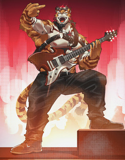 abs anthro barazoku beard belt big_muscles black_belt black_bottomwear black_clothing black_footwear black_hair black_harness black_pants black_shoes bottomwear clothing concert concert_stage eyewear eyewear_on_head facial_hair fire foot_on_object foot_on_speaker footwear fur gesture guitar hair hand_gesture harness highlights_(coloring) holding_guitar holding_musical_instrument holding_object huge_muscles leather leather_harness male male_anthro middle_finger multicolored_body multicolored_fur muscular muscular_anthro muscular_male musical_instrument nipples obliques on_stage open_mouth orange_body orange_fur pants pecs plucked_string_instrument pyrotechnics red_highlights shirtless_anthro shirtless_male solo speaker string_instrument striped_body striped_fur stripes sunglasses sunglasses_on_head tail white_body white_fur teseirei buzanpaku felid mammal pantherine tiger 2025 hi_res warm_colors