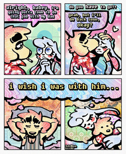 aloha_shirt anthro armpit_hair body_hair cheek_spots cigarette cigarette_in_mouth clothing dialogue duo ears_down eyes_closed floppy_ears fur half-closed_eyes inner_monologue kiss_on_forehead kissing male narrowed_eyes object_in_mouth overalls pattern_clothing pattern_shirt pattern_topwear pivoted_ears plushie shirt smoking_tobacco speech_bubble tank_top text thinking thought_bubble topwear white_body white_fur yellow_body yellow_fur rawdawgcomics bingus_(rawdawgcomics) stahli_(rawdawgcomics) bird_dog canid canine canis domestic_dog golden_retriever hunting_dog lagomorph leporid mammal rabbit retriever comic english_text hi_res
