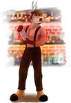 antlers bar bare_chest barefoot barman beard bottomwear clothing facial_hair feet horn male pants pecs pose smile solo suspenders gearfox98 hector_(gearfox98) cervine deer mammal absurd_res digital_media_(artwork) hi_res pinup