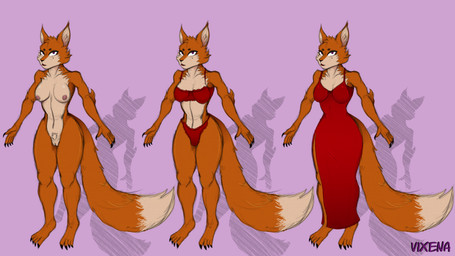 anthro black_nose bra breasts clothed clothing dipstick_tail dress eyelashes female front_view fur genitals looking_at_viewer markings medium_breasts mole_under_eye navel nude off/on orange_body orange_fur panties purple_background red_bra red_clothing red_dress red_eyes red_panties red_underwear simple_background solo tail tail_markings tan_body tan_fur thick_thighs underwear vulva wide_hips nagibator canid canine fox mammal hi_res