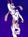 anthro antlers barefoot biped black_collar black_leash chastity_cage chastity_cage_only chastity_device chastity_device_only collar feet horn leash leashed_collar long_ears lying male nude on_back red_chastity_cage solo spots pinkpalmingo jackalope lagomorph mammal