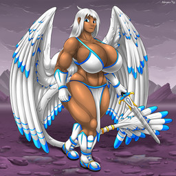 accessory big_breasts blue_markings boots bottomwear bra breasts clothing cloud cloudy_sky detailed_background feathered_wings feathers female footwear furgonomics gloves hair handwear holding_melee_weapon holding_object holding_sword holding_weapon huge_breasts jewelry loincloth looking_at_viewer markings melee_weapon mountain muscular muscular_female navel ring shoes sky solo standing sword tail tail_accessory tail_feathers tail_jewelry tail_ring thick_thighs underwear weapon white_body white_feathers white_hair wings ahkvenir angel humanoid 1:1 absurd_res hi_res