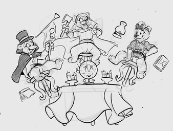 4_fingers anthro axe book bottomless candle cape casual_exposure clitoris clothed clothing crystal_ball female fingers floating furniture genitals group hat headgear headwear melee_weapon simple_background sitting table top_hat veil vulva weapon young young_anthro ishoka country_bear_jamboree disney disney_parks the_haunted_mansion beulah_(country_bear_jamboree) bubbles_(country_bear_jamboree) bunny_(country_bear_jamboree) constance_hatchaway_(the_haunted_mansion) madame_leota bear mammal hi_res monochrome sketch