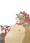 anthro belly big_belly blush bodily_fluids brown_body clothing crying duo_focus eyes_closed group hat headgear headwear kemono male moobs nipples overweight overweight_male red_body sad simple_background tears kusarikakemono lifewonders tokyo_afterschool_summoners vapula_(tas) zhurong_(tas) ailurid felid lion mammal pantherine red_panda 2022 digital_media_(artwork) half-length_portrait hi_res portrait