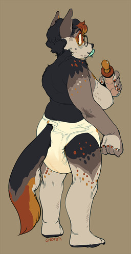 ageplay anthro baby_bottle bodily_fluids bottle breasts brown_background brown_eyes clothed clothing container diaper diaper_only eyewear female fur furgonomic_diaper genital_fluids glasses green_pacifier hair holding_bottle holding_container holding_object infantilism looking_back multicolored_body multicolored_fur notched_ear object_in_mouth pacifier pacifier_in_mouth pawpads roleplay short_hair simple_background solo speckled_body speckled_fur standing teeth topless unclean_diaper urine used_diaper wearing_diaper wet_diaper wetting white_diaper snofu bri_(kalash) canid canine canis coyote mammal 2024 hi_res signature