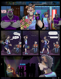 5_fingers anthro awkward_silence black_border blue_bottomwear blue_clothing blue_footwear blue_pants blue_shirt blue_shoes blue_shorts blue_tank_top blue_topwear blush bodily_fluids border bottomwear bouncer bouquet brown_eyes brown_nose clock clothed clothed_anthro clothed_male clothing crossed_arms crowd dialogue duo ellipsis embarrassed eye_contact eyewear fingers floppy_ears floral_shirt flower footwear fully_clothed fully_clothed_anthro fully_clothed_male fur furniture glasses grey_body grey_fur grey_hair group hair hand_behind_head holding_bouquet holding_flower holding_object looking_at_another male male_anthro nervous nervous_smile nervous_sweat nightclub on_sofa orange_clothing orange_shirt orange_topwear page_number pants plant purple_nose red_clothing red_shirt red_topwear shirt shocked shoes shorts sitting sitting_on_sofa sofa speech_bubble sunglasses surprised sweat tail tank_top text topwear vip_area vip_card walking walking_stick watch waving_goodbye wearing_sunglasses wristwatch yellow_body yellow_fur jackaloo andrew_oleander mark_mcmurphy noah_mcmurphy bird_dog canid canine canis domestic_dog hunting_dog irish_wolfhound labrador mammal retriever sighthound 2025 comic digital_drawing_(artwork) digital_media_(artwork) english_text hi_res nephew_(lore) uncle_(lore) uncle_and_nephew_(lore)