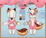 ahoge anthro blue_eyes blue_highlights blue_nose blue_pawpads butt color_swatch dessert doughnut food fur hair highlights_(coloring) male multicolored_body multicolored_fur multiple_poses navel pastry pawpads paws pink_body pink_fur pose simple_background smile solo sprinkles standing text white_body white_fur white_hair wide_hips misterdonut donut_(misterdonut) canid canine canis domestic_dog food_creature mammal english_text model_sheet