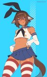 blue_eyes bottomwear brown_hair clothed clothing cosplay crossdressing dark_body dark_skin femboy hair inner_ear_fluff male skirt solo tail tongue tongue_out tuft matemi kantai_collection oskar_(coffee.png) shimakaze_(kancolle) animal_humanoid cat_humanoid felid felid_humanoid feline feline_humanoid humanoid mammal mammal_humanoid hi_res