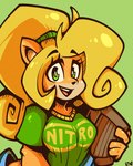 4_fingers anthro blonde_hair clothing eyebrow_through_hair eyebrows female fingers green_clothing green_eyes green_hair_accessory green_shirt green_topwear hair holidays shirt solo topwear translucent translucent_hair legendofnerd activision crash_bandicoot_(series) st._patrick's_day coco_bandicoot bandicoot mammal marsupial 4:5 hi_res