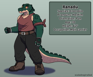 anthro armband belt boots bottomwear claws clothed clothing fangs fingerless_gloves footwear fully_clothed gloves green_body green_scales handwear male pants purple_eyes scales shirt shoes solo standing tail tank_top teeth text topwear yellow_sclera scalednspiralled xanadu_(scalednspiralled) crocodile crocodilian reptile scalie 6:5 english_text hi_res model_sheet