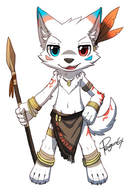 4_toes anklet anthro barefoot blue_eyes bottomwear brown_bottomwear brown_clothing brown_loincloth claws clothed clothing feet front_view fur glistening glistening_eyes hand_on_hip head_tuft heterochromia holding_melee_weapon holding_object holding_polearm holding_spear holding_weapon jewelry loincloth male melee_weapon narrowed_eyes paws polearm red_eyes simple_background solo spear standing toes topless tuft weapon white_background white_body white_fur penguinexperience canid mammal full-length_portrait portrait signature