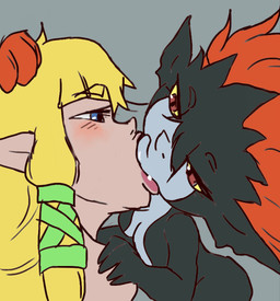 anthro black_body black_fur blue_eyes deep_kiss duo eyelashes female female/female fur green_ribbon hair kiss_on_lips kissing lips old_artwork pink_lips red_eyes red_hair thick_lips yellow_eyes yellow_sclera haz3y third-party_edit ungulatr nintendo the_legend_of_zelda twilight_princess midna princess_zelda humanoid hylian twili