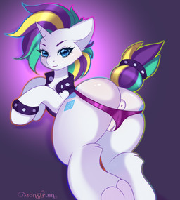 accessory alternate_hairstyle alternative_fashion anus blonde_hair blue_eyes bracelet butt cheek_tuft clothing cutie_mark eyelashes facial_tuft female feral fur furgonomics genitals glamrock green_hair green_tail hair highlights_(coloring) hooves horn jacket jewelry leg_tuft multicolored_hair multicolored_tail panties puffy_anus punk purple_hair purple_tail raised_tail ring solo tail tail_accessory tail_jewelry tail_ring topwear tuft underwear vulva white_body white_fur yellow_tail monstrum_(artist) friendship_is_magic hasbro my_little_pony mythology raripunk rarity_(mlp) equid equine mammal mythological_creature mythological_equine unicorn 2023 absurd_res digital_media_(artwork) hi_res signature