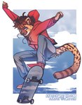 action_pose anthro arms_above_head bottomwear clothing cloud denim denim_bottomwear denim_clothing footwear hoodie jeans looking_at_viewer male midair motion_blur pants pose shoes skateboard skateboarding smile solo text text_on_clothing text_on_hoodie text_on_topwear topwear vehicle fiuefey cheetah felid feline mammal url