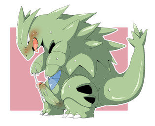 blush bodily_fluids cum erection feral foreskin genital_fluids genitals humanoid_genitalia humanoid_penis male open_mouth penis semi-anthro solo sweat doneru nintendo pokemon generation_2_pokemon pokemon_(species) tyranitar 2015 hi_res
